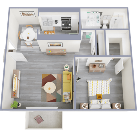 Floor plan for 1 bed, 1 bath, 667 sqft